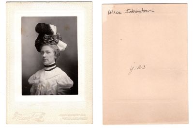 Alice Johnston

This was Donated by Denise Ayers

This photo mounted on board states: "Alice Johnston"

The Photographers name is "Rambo", Philadelphia, Pennsylvania
