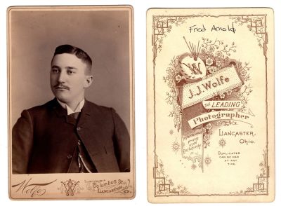 Fred Arnold

This was Donated by Denise Ayers

This Cabinet Card Photo states: "Fred Arnold"

The Photographers name is "J. J. Wolfe", Lancaster, Ohio

