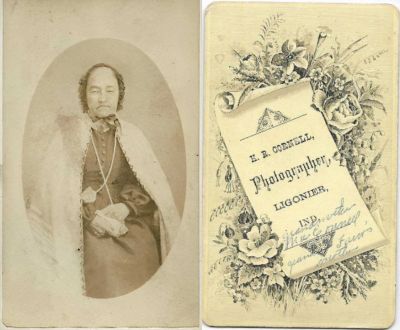 Caroline E. Nesbit McConnell

THIS HAS BEEN RETURNED TO FAMILY

This CdV Photograph states: "Grandmother McConnell, Grandma Faver's mother"

The Photographers name is " H. R. Cornell", Ligonier, Indiana


