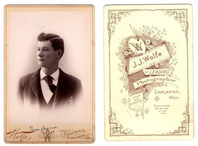 Tom Saine

This was Donated by Denise Ayers

This Cabinet Card Photo states: "Tom Saine"

The Photographers name is "J. J. Wolfe", Lancaster, Ohio

