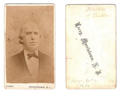 George Mattox

This was Donated by by Cheryl Webber/The Terry Girls Genealogy.

This CdV Photograph states: "brother of Charles, George Mattox, 1874"

The Photographers name is "Lacey", Morristown, New Jersey
