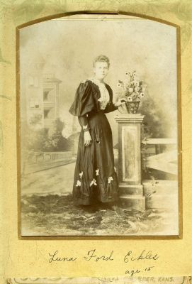 Luna Ford Eckles
This Cabinet Card Photo is being Shared by a Anonymous Donor. 

This Cabinet Card Photo States: "Luna Ford Eckles, Age 15. "

The Photographer was in Kansas.
