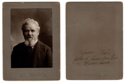 Spencer Nash

This photo mounted on board states: "Spencer Nash, father of Frances Ann Wice & Minnie Hama"

The Photographers name is "Art Gibson Galleries", Chicago, Illinois
