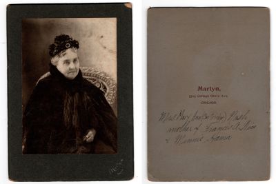 Mary Ann Cartridge Nash

This photo mounted on board states: "Mrs. Mary Ann (Cartridge) Nash, mother of Francis A. Wice & Minnie Hama"

The Photographers name is "Martyn", Chicago, Illinois.
