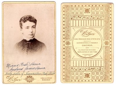 Click to view full size image
==============
Rosa Minnie Nash Hama
This Cabinet Card Photo states: "Minnie (Nash) Hama, husband James Hama, only sister of Frances Ann (Nash) Wice"
The Photographers name is "Wilcox", Chicago, Illinois
Rosa Minnie Nash Hama
This Cabinet Card Photo states: "Minnie (Nash) Hama, husband James Hama, only sister of Frances Ann (Nash) Wice"
The Photographers name is "Wilcox", Chicago, Illinois