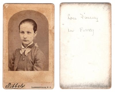 Lou Finney

This CdV Photograph states: "Lou Finney"

The Photographers name is "Tibbels", Lambertville, New Jersey

