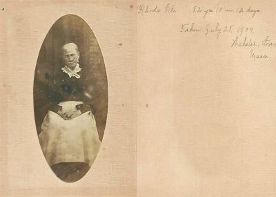 Rhoda Buxton Ide

THIS HAS BEEN RETURNED TO FAMILY

This photo mounted on board was Donated by Mel Gamertsfelder.

This photo mounted on board states: "Rhonda Ide, 82 yrs, 10 month, 12 Days. Taken 28 July 1904, Webster, Gore, Massachusetts.
