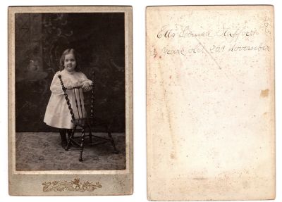 Etta Louise Stafford

This was Donated by Sue Maurer

This Cabinet Card Photo states: "Etta Louise Stafford, 3 years old, 20th November 1898"

The Photographers name is "The Shepard Company", Providence, Rhode Island
