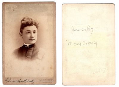 Mary Ann Groves Craig

This was Donated by Sue Maurer

This Cabinet Card Photo states: "Mary Craig, 26 June 1887"

The Photographers name is "Chandler & Scheetz", Philadelphia, Pennsylvania
