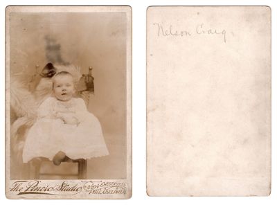 Nelson Craig

This was Donated by Sue Maurer

This Cabinet Card Photo states: "Nelson Craig"

The Photographers name is "The Pinero Studio", Philadelphia, Pennsylvania
