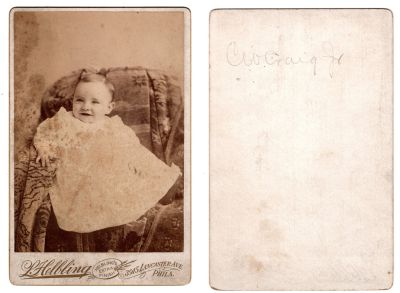 Charles Winchester Craig

This was Donated by Sue Maurer

This Cabinet Card Photo states: "C. W. Craig Jr."

The Photographers name is "Helbing", Philadelphia, Pennsylvania
