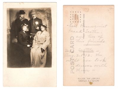 Karl Rosenquist, Frank Trotter & two of their friends

This Real Photo Postcard (RPPC) states: "Karl Rosenquist, Frank Trotter & two of their friends. Saturday, 3 August 1912, Seattle. The night we took dinner with them"

The Photographers name is "Novelty Studio", 1118 First Ave, Seattle, Washington
