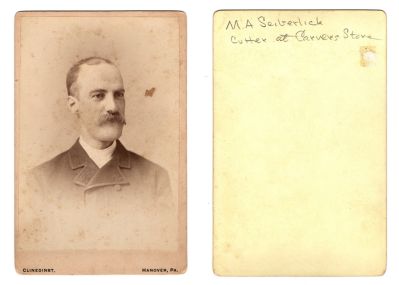 Martin Anthony Seiberlick

THIS HAS BEEN RETURNED TO FAMILY

This Cabinet Card Photo states: "M. A. Seiberlick, cutter at Carvers Store"

The Photographers name is "Clinedinst", Hanover, Pennsylvania
