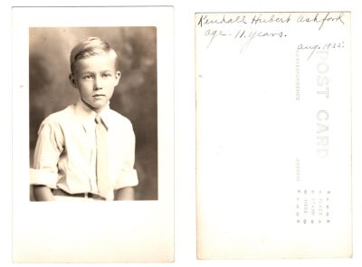 Kendall Hubert Ashford

This Real Photo Postcard (RPPC) states: "Kendall Hubert Ashford, age 11 years, August 1935"
