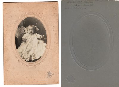Vesta Ella Phoenix

This photo mounted on board states: "Vesta Ella Phoenix, Age 8 Months, Born 18 February 1907.

The Photographers name is "Burgess", Augusta, Maine.
