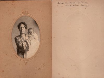 Nora Woodard Collins & Son, George

This was Donated by Paul Skipper

This photo mounted on board states: "Nora Woodard Collins & son, George"

The Photographer was in Springfield, Ohio
