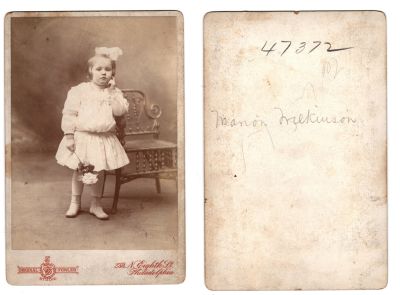 Marion Wilkinson

This was Donated by Sue Mauer

This Cabinet Card Photo states: "Marion Wilkinson"

The Photographers name is "Original Fowler Studio", Philadelphia, Pennsylvania
