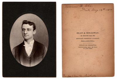 William W. Ahn

This was Donated by Sue Maurer

This photo mounted on board states: "William W. Ahn, Died 12th May 1899"

The Photographers name is "Egan & Holloway, Philadelphia, Pennsylvania
