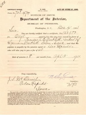 Pvt. Lyman Bartlett
THIS HAS BEEN RETURNED TO FAMILY

These Pension Papers were Donated by Mary Muhlfeld

Pension Papers for Pvt. Lyman Bartlett
