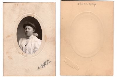 Rose A. "Rosa" Haag Keuhn Zolldan Krantz

THIS HAS BEEN RETURNED TO FAMILY

This photo mounted on board states: "Rosa Haag"

The Photographers name is "Novelty Studio Co.", Detroit, Michigan

