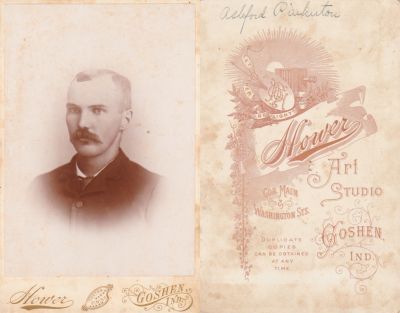 Ashford Kinney Pinkerton

THIS HAS BEEN RETURNED TO FAMILY

This Cabinet Card Photo States: "Ashford Pinkerton"

The Photographers name is "Stover Art Studio", Goshen, Indiana.
