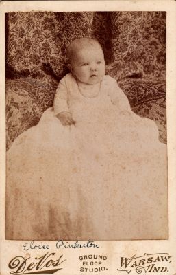 Eloise Pinkerton

THIS HAS BEEN RETURNED TO FAMILY

This Cabinet Card Photo States: "Eloise Pinkerton"

The Photographers name is "DeVos", Warsaw, Indiana.
