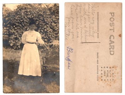 Nannie

This Real Photo Postcard (RPPC) states: "Hello Coz, why don't you never write me. I believe you have forsaken me. Now let me hear from you. Your Coz, Nannie."

Then in ink "Barger" is written

