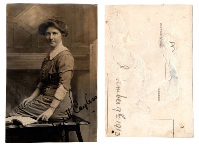 Winifred Harridge Cayless

This cut Real Photo Postcard (RPPC) states: "Winifred H. Cayless, 9th September 1913"
