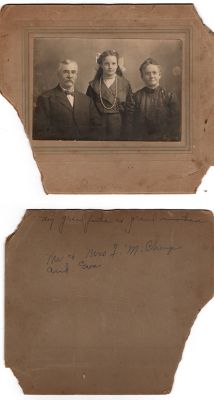 Francis Marion Champ, Ruth Ann Champ & Eva

This was Donated by Jessica Quiroz

This damaged photo mounted on board states: "My grandfather & grandmother, Mr. & Mrs. F. M. Chanye & Eva"

The Photographers name is "Marty", Wymore, Nebraska

