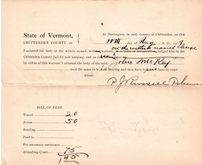 John McKey (Page 4)
Thank you Susan Sonju for your translation of this document!

John McKey of Rutland, VT was a vagrant who got caught "riding the rails" and was tried and convicted for it.

Transcribed as follows...

"Transcribed as follows...

John McKey Aug 10, 1909

Respondent in _____

and arraigned Pled

not guilty. Trial by

The Court. Found

guilty the

Evidence, and sentenced

to be confined in the

Chittenden County Jail

for a term of 90 days.

Geo W Deberville, JP

Writ issued

---------------

To Geo W Deberville

John McKey

Rutland 10th Aug 1909

Burlington

being a transient

person roving from place

to place begging living

without labor or visible

means of support riding

or attempting to ride

on railroad freight trains

or engines without the

consent of the parties in

charge thereof

became and was a tramp"
