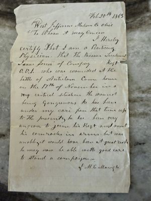 Lt. Isaac C. Jones Civil War Letter

This was shared by Rita Boster Osborn
Civil War Letter dated 20 February 1863 in regards to
Lt. Isaac C. Jones advising the West Jefferson Madison Co. that he had sustained injuries and was under the care of Doctor.
