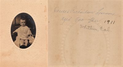 James Richardson Learmont

THIS HAS BEEN RETURNED TO FAMILY

This photo mounted on board states: "James Richardson Learmont", Aged one Year, 1911. Whittier, California.
