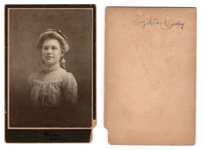 Lydia Byerley

This Cabinet Card Photo states: "Lydia Byerley"

The Photographers name is "Wheatley", Du Quoin, Illinois
