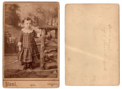 Archie Mayer

This Cabinet Card Photo states: "Archie Mayer, age 2 years & ? months"

The Cabinet Card Photo was taken in 1890

The Photographers name is "Paul", Springfield, Missouri
