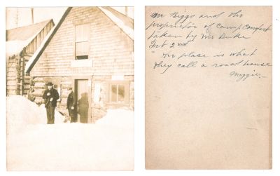 Camp Comfort, Richardson Highway, Alaska

This photo states: "Mr. Biggs & the proprietor of Camp Comfort taken by Mr. Duke February 2nd. The place is what they call a road house, Maggie"

NOTE: Camp Comfort itself was one of the very first roadhouses out of Valdez on the Old Valdez-Fairbanks Trail and was known for being a very hospitable and welcoming place for travelers to rest, boasting a two-story cabin, a large barn, live-stock, a large garden, and two well-loved kitties. The Richards family were proprietors of Camp Comfort in the early 1900s
