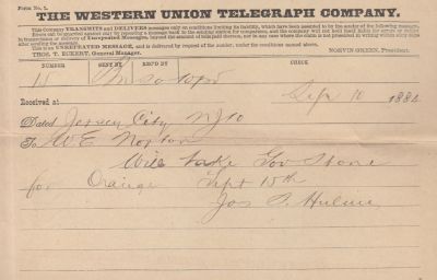Joseph Stokes Hulme

This Telegram was sent on 10 September 1884
by Joseph S. Hulme.
