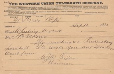 Major William Jordan Waugh Cowden

This Telegram was sent on 10 September 1884 by W. J. W. Cowden.

