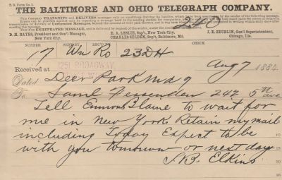 Stephen Benton Elkins

This Telegram was sent on 7 August 1884 by Stephen Benton Elkins.
