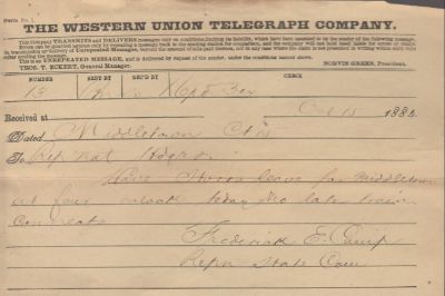 Frederick E. Camp

This Telegram was sent on 15 October 1884 by Frederick E. Camp.

