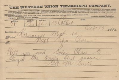 George Machan Buck

This Telegram was Sent on 15 October 1884 by Geo. M. Buck.

George Machan was a Attorney for Kalamazoo County, Michigan. He was a Partner in the Law Firm, "May & Buck".
