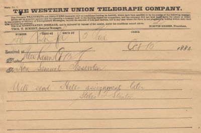 Stiles Trumbull Stanton

This Telegram was sent on 10 October 1884 by Stiles T. Stanton. (Stiles Trumbull Stanton)
