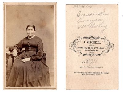 Amanda Kirkpatrick McGlathery

This CdV Photograph states: "Grandmother Amanda McGlathery"

The Photographers name is "J. Mitchell", New Castle, Pennsylvania
