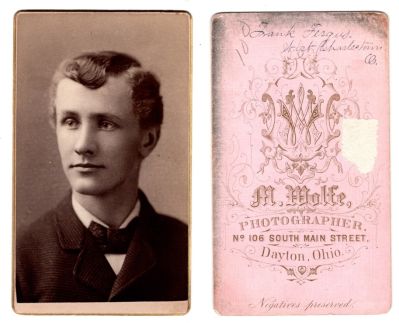 Frank Fergus

This was Donated by Cheryl Webber/The Terry Girls Genealogy

This CdV Photograph states: "Frank Fergus, West Charlestown, Ohio"

The Photographers name is "Wolfe", Dayton, Ohio

