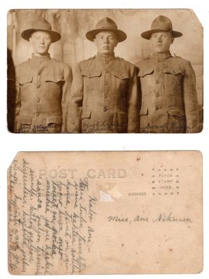 Arne Wianter, Karl Adolph Lepisto & Svante Lampi
This was Donated by Cheryl Webber/The Terry Girls Genealogy

Information & Translation done by Susan Sonju:

The front of the Real Photo Postcard (RPPC) States:

"Arne Wianter [Aarne Wiander] - Sparta, Minn

Karl Lepisto - Sparta, Minn

Svante Lampi - Gilbert, Minn"

All were Finnish and from St. Louis County, Minnesota. They did not serve in the same unit during the war.

The postcard was written to Ann Nikunen who was the younger sister of Mary Emily Nikunen who later became Karl Lepisto's wife. As best as I can determine using Google Translate, the postcard says...and I am very much paraphrasing here...

"I am greeting you with two other soldiers who also send their greetings to you. This is a bad picture of me. I invite you to write more of your letters sometime. Goodbye and have a nice summer. Karl Lepisto"

Arne was wounded by shrapnel and gassed during the war. He returned to MN and later was tried and acquitted of murdering a man who was having an affair with his wife, Minnie. Minnie was later convicted of selling moonshine to men in the lumber camps during Prohibition and she had been married twice before unbeknownst to Arne. They divorced in 1928. Arne was in and out of the state hospital at least five times possibly due to the gassing. I was surprised to find he returned to Finland and died and was buried there in 1935. No direct descendants, but he had a mother and siblings in Finland when he died.


