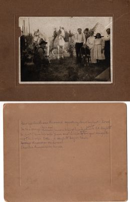Left to Right: George Ambrose Russell, Charlie Russell (horse), Calvin James Russell, Edward Rufus Haslett, Jessie Lou Perry Haslett, Lillian Russell, Etta Haslett Russell & Unidentified Haslett Boy in front 

THIS HAS BEEN RETURNED TO FAMILY

This photo mounted on board states: "George Ambrose Russell squating down in front of horse. In the group, Calvin James, behind him ^ Uncle Ed Hazlett.

girlie

In front of him his wife Jesse next Lillian, Georgie's daughter
next his wife Etta. A Hazlett boy in chair.

George Russell Jr. on horse with a line through it.

Charlie Russell on horse"


