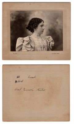 Hildred V. Roush

This photo mounted on board states: "Hildred Roush
Pearl Emmons' teacher"

The Photographers name is "Blair", Allegan, Michigan


