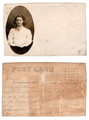 Abbie

This was Donated by Cheryl Webber/The Terry Girls Genealogy

This Real Photo Postcard (RPPC) states: "Hoping this will help you along through life. I am as ever your sincere friend, Abbie"

The Real Photo Postcard (RPPC) is addressed to Mrs. Thos. Hanley, Burlington, Washington
