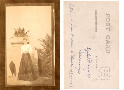 Click to view full size image
==============
Lyda Russell
This was Donated by Cheryl Webber/The Terry Girls Genealogy
This Real Photo Postcard (RPPC) states: "Lyda Russell, Lew's wife. (Lewis was brother to Walter Russell)"
Lyda Russell
This was Donated by Cheryl Webber/The Terry Girls Genealogy
This Real Photo Postcard (RPPC) states: "Lyda Russell, Lew's wife. (Lewis was brother to Walter Russell)"
