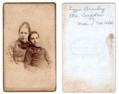 Charlotte Elizebeth "Lizzie" Bromley & Georgietta "Etta" N. Congdon

THIS HAS BEEN RETURNED TO FAMILY

This CdV Photograph states: "Lizzie Bromley & Etta Congdon (mother of Geo. & Kath.)

The Photographers name is "Murry Dunham & Co.", Oakland, California
