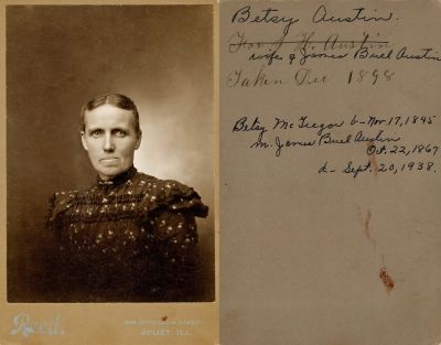 Betsey McGregor Austin

THIS HAS BEEN RETURNED TO FAMILY

This Cabinet Card Photo States: "Betsy Austin, wife of James Buel Austin. Taken December 1898. Betsy McGregor Born 17 November 1845. Married James Buel Austin 22 October 1867. Died 20 September 1938"

The Photographers name is "Reed", Joliet, Illinois.
